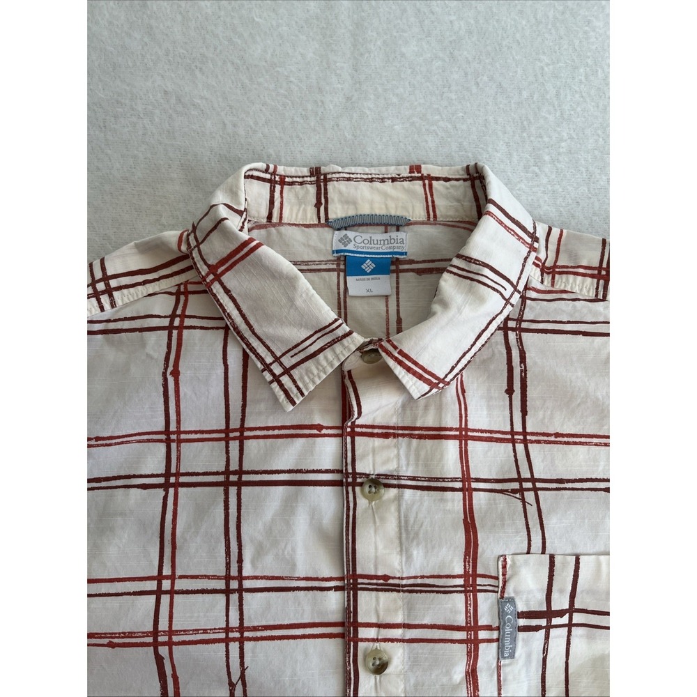 Columbia Men's Shirt XL Short Sleeve Plaid Cream And Rust Button Down